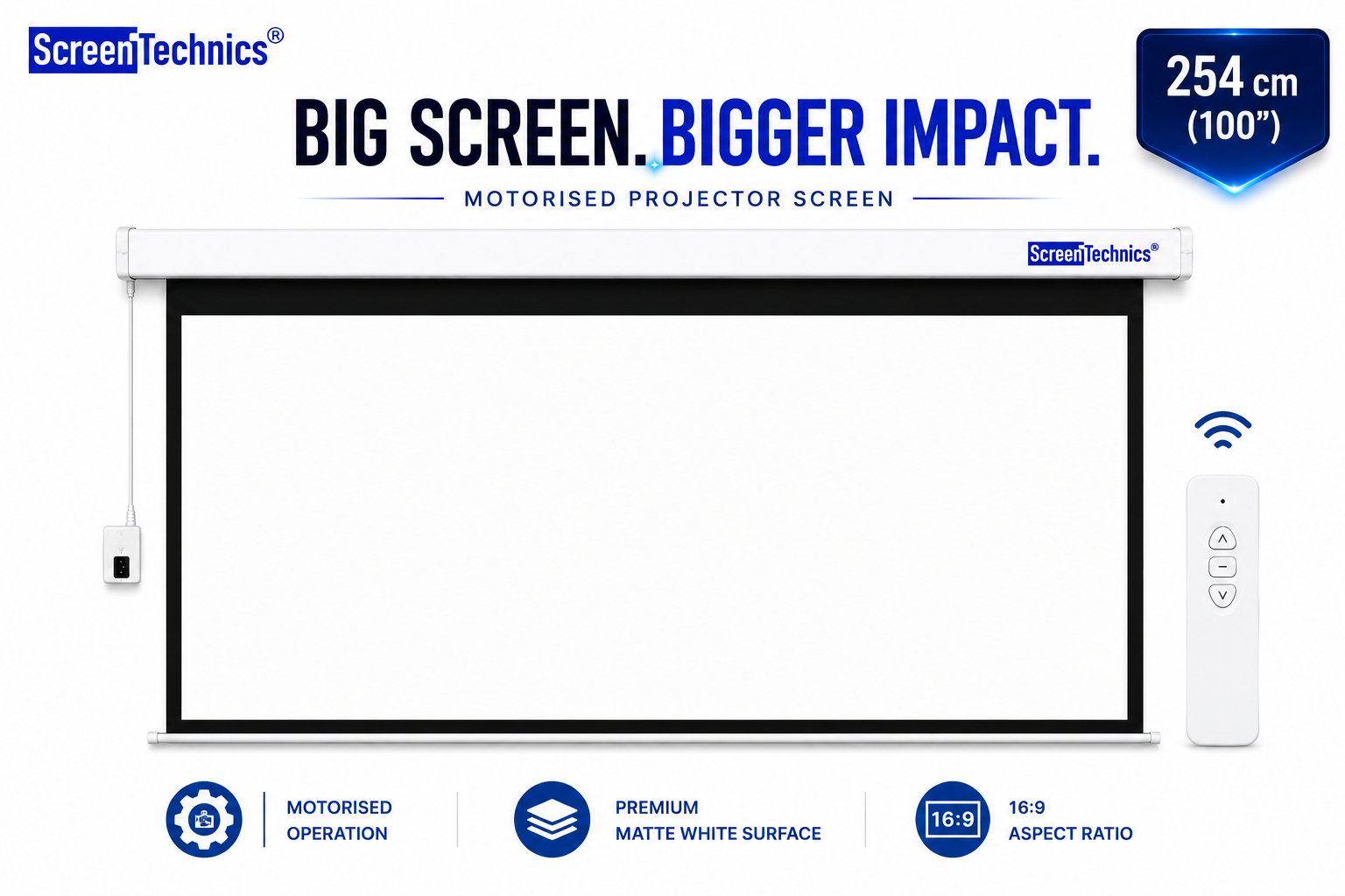 100 Motorized Projector Screen (16:9) | HD Matte White | Smooth Lift Motor | Home Cinema Ready