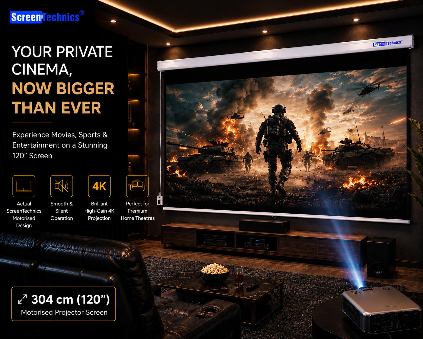 120 Motorized Projector Screen (16:9) | HD Matte White | Long-Range Remote | Premium Home Cinema Setup