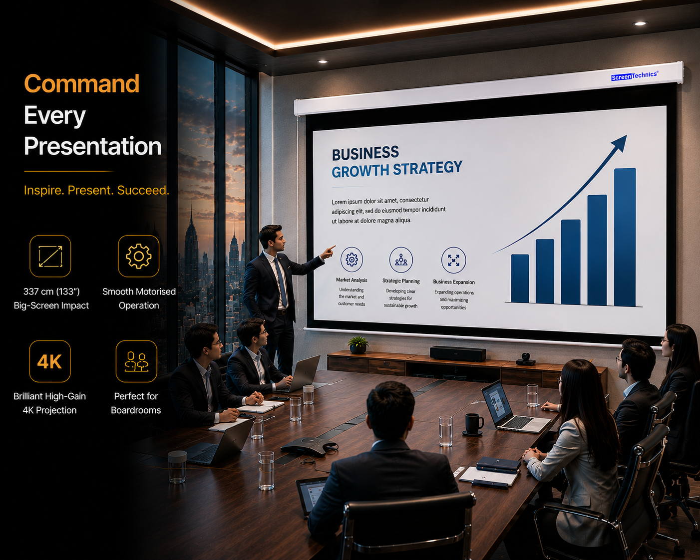 133 Motorized Projector Screen (16:9) | Large Format | Matte White | Electric Drop-Down Projection Screen