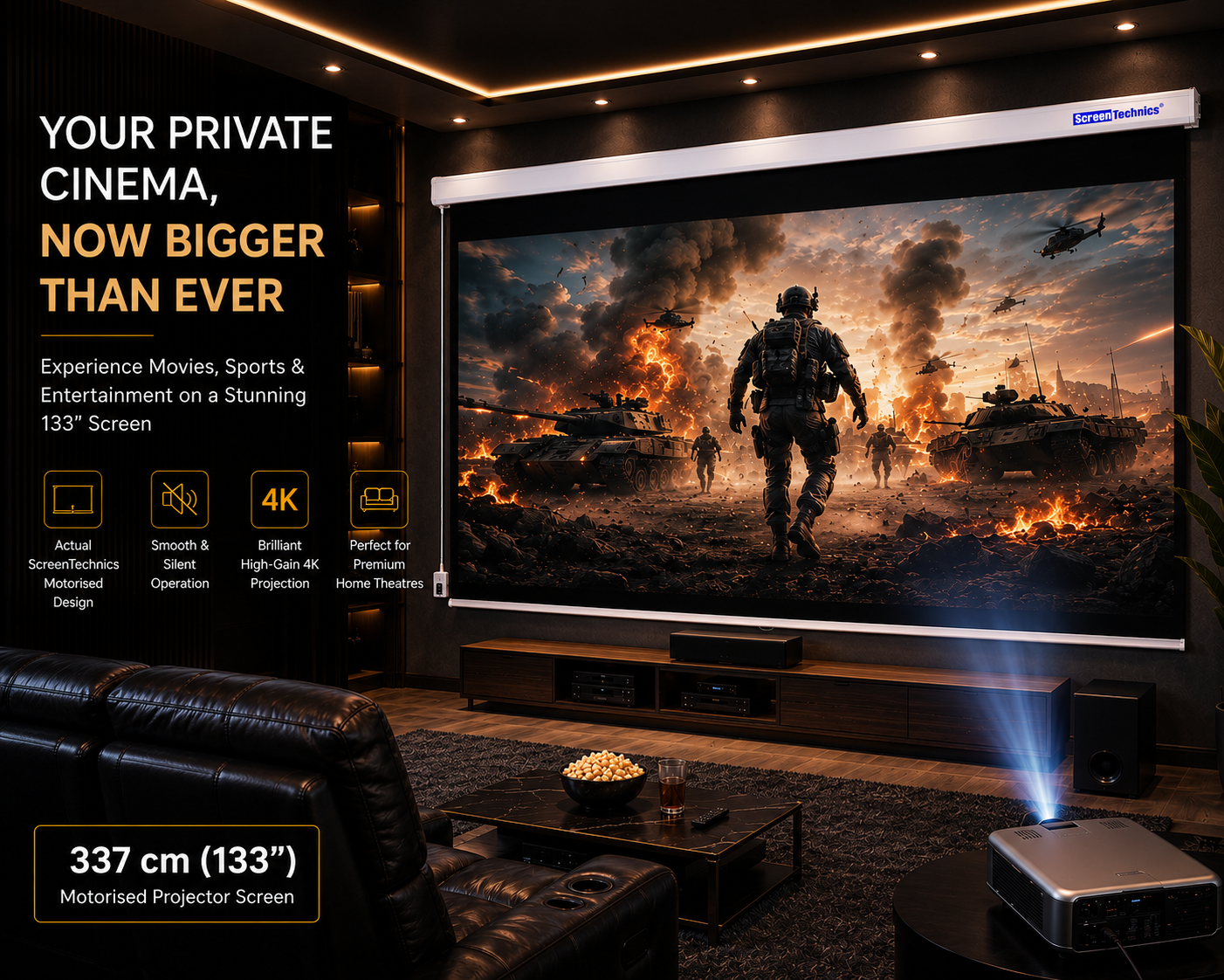 133 Motorized Projector Screen (16:9) | Large Format | Matte White | Electric Drop-Down Projection Screen