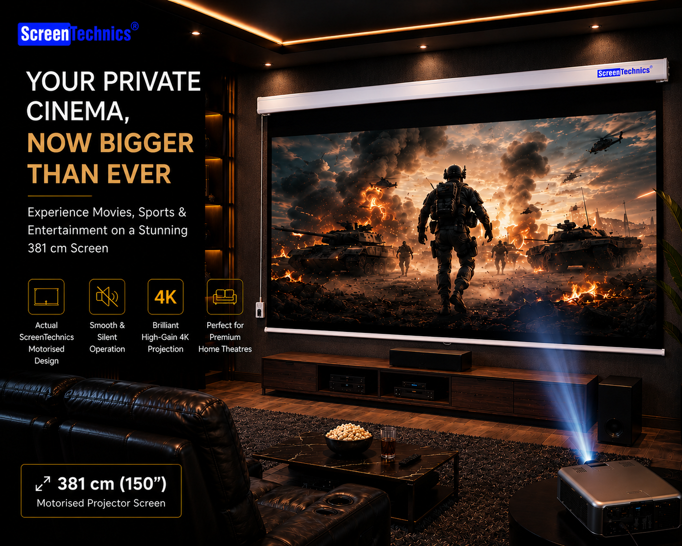 150 Motorized Projector Screen (16:9) | Big Display | Matte White | High-Quality Electric Projection Screen