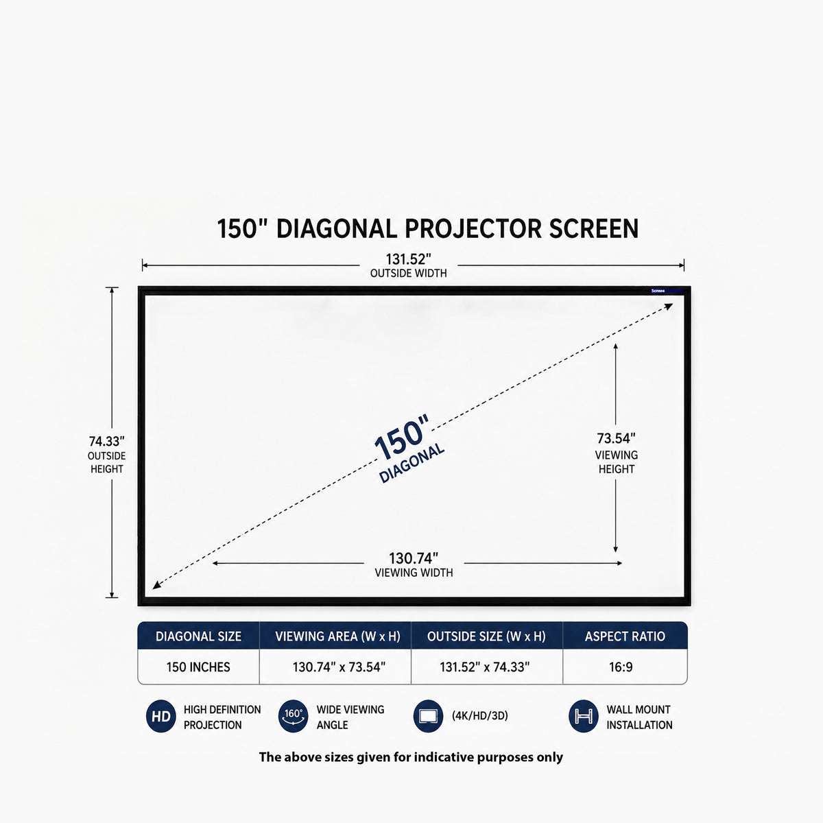 150 Diagonal 16:9 Aspect Ratio, 10.9 x 6.1 Feet Fixed Frame Projector Screen