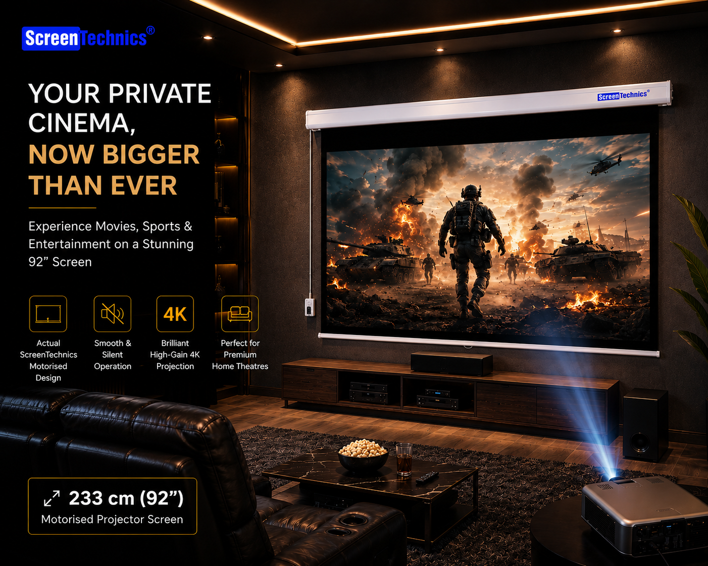 Screen Technics 92-Inch Motorized Projector Screen (16:9) | Matte White | Remote Control | Home Theater & Office Projection