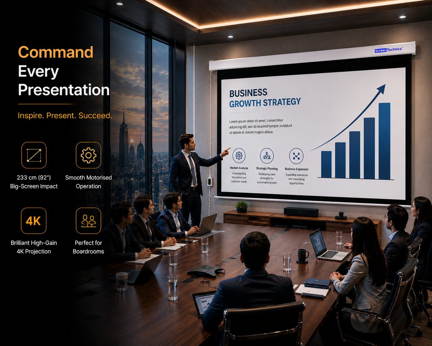 Screen Technics 92-Inch Motorized Projector Screen (16:9) | Matte White | Remote Control | Home Theater & Office Projection