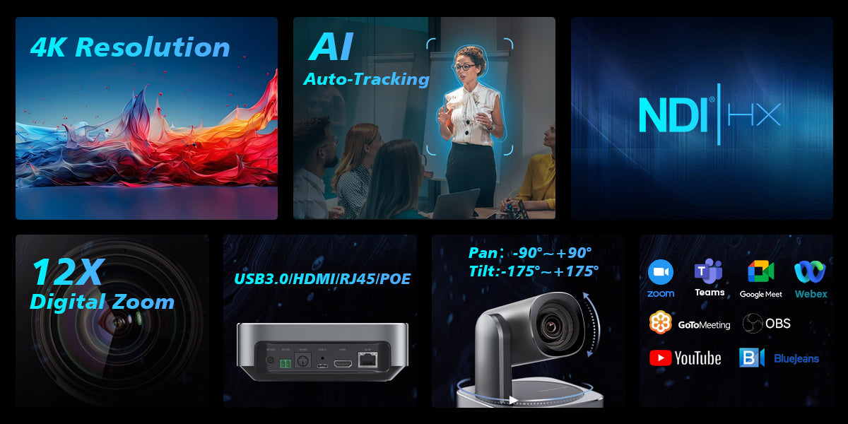 PTZ Camera with AI Auto-Tracking | 12 X Optical Zoom | 4K 30hz | Ideal for Live Streaming,conference room, Online Teaching & Classroom Recording | USB 3.0 & HDMI  RJ45, support POE