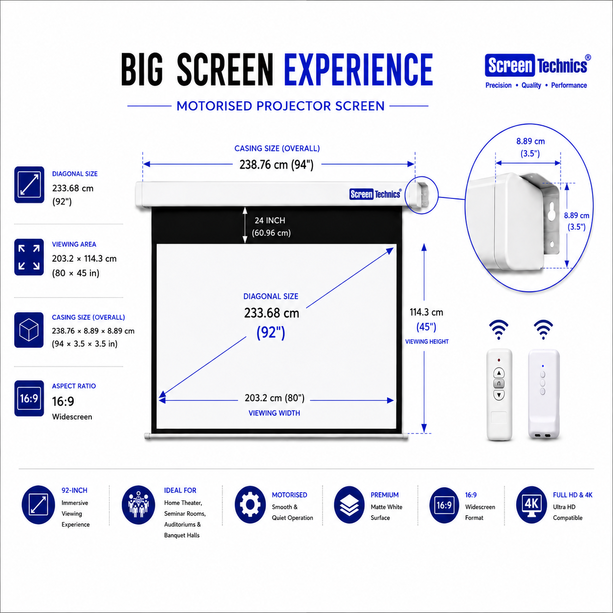 92 Motorized Projector Screen (16:9) | Matte White | Remote Control | Home Theater & Office Projection