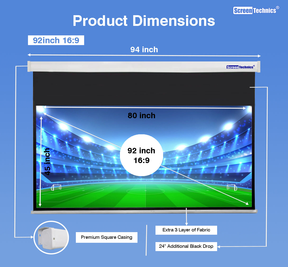 Screen Technics 92-Inch Motorized Projector Screen (16:9) | Matte White | Remote Control | Home Theater & Office Projection