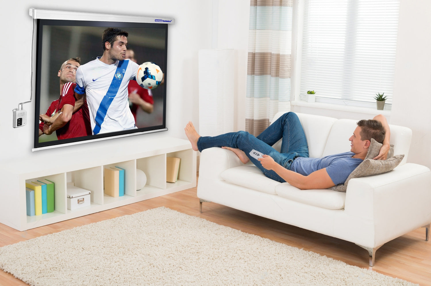 Screen Technics 92-Inch Motorized Projector Screen (16:9) | Matte White | Remote Control | Home Theater & Office Projection