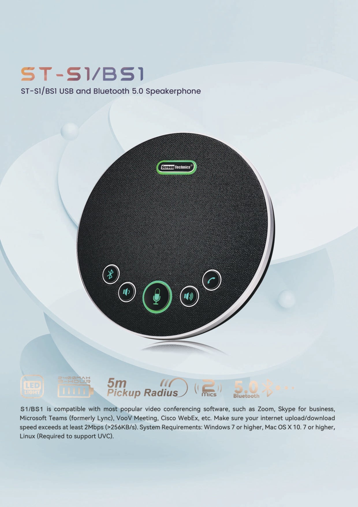 Screen Technics ST-BS1 Wireless Conference Speakerphone | Bluetooth + USB + Dongle | 5m Voice Pickup | 2400mAh Battery | LED Indicators