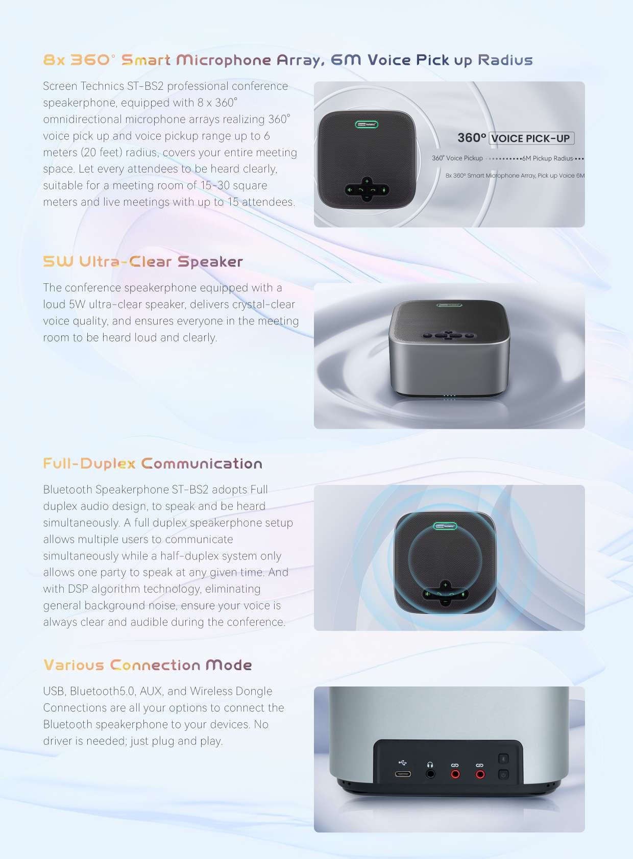 Screen Technics ST-BS2 Wireless Conference Speakerphone | Bluetooth + USB + Dongle + 3.5mm Jack | 9m Voice Pickup | 8000mAh Battery | LED Indicators