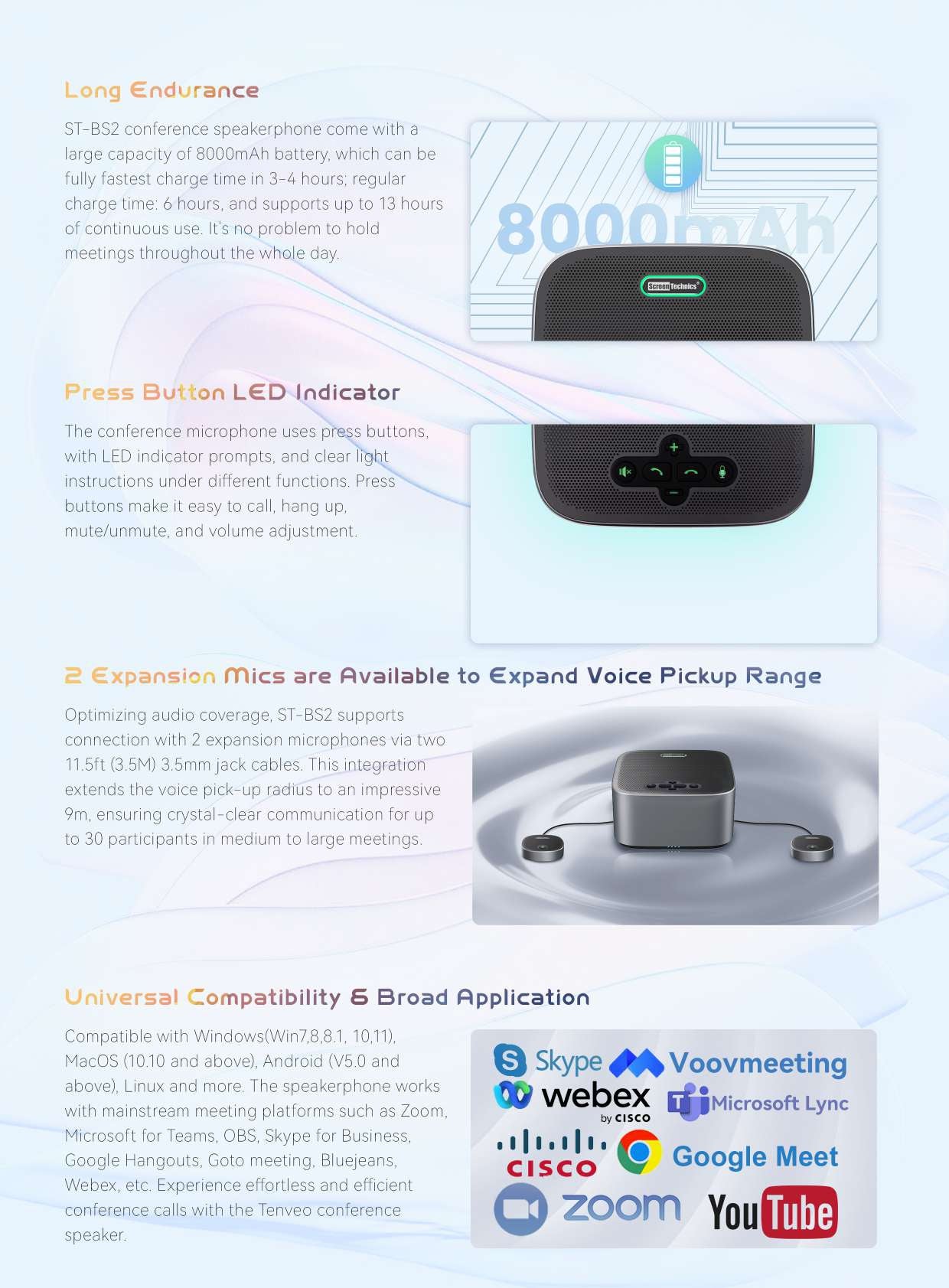 Screen Technics ST-BS2 Wireless Conference Speakerphone | Bluetooth + USB + Dongle + 3.5mm Jack | 9m Voice Pickup | 8000mAh Battery | LED Indicators